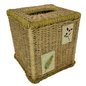 Woven Jute and Wire Tissue Box Cover Botanical Tiles Natural Bath Decor